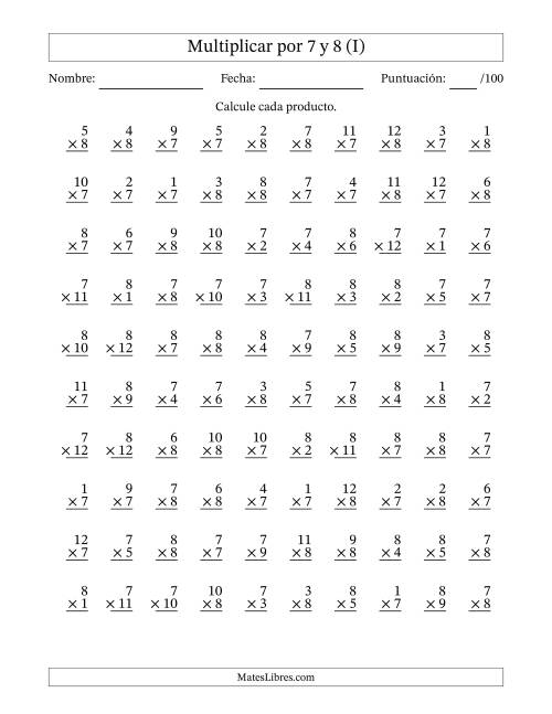 La hoja de ejercicios de Multiplicar (Factores de 1 a 12) por 7 y 8 (100 Preguntas) (I)
