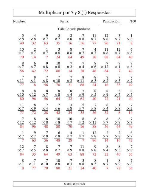 La hoja de ejercicios de Multiplicar (Factores de 1 a 12) por 7 y 8 (100 Preguntas) (I) Página 2