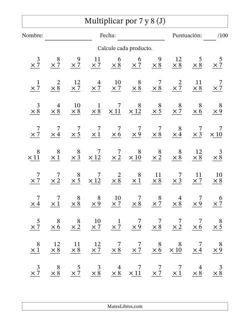 La hoja de ejercicios de Multiplicar (Factores de 1 a 12) por 7 y 8 (100 Preguntas) (J)