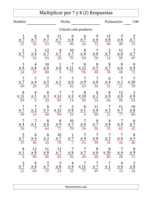 La hoja de ejercicios de Multiplicar (Factores de 1 a 12) por 7 y 8 (100 Preguntas) (J) Página 2