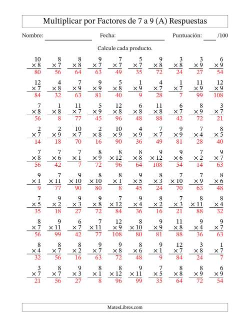 La hoja de ejercicios de Multiplicar (Factores de 1 a 12) por Factores de 7 a 9 (100 Preguntas) (A) Página 2