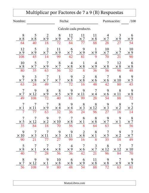 La hoja de ejercicios de Multiplicar (Factores de 1 a 12) por Factores de 7 a 9 (100 Preguntas) (B) Página 2