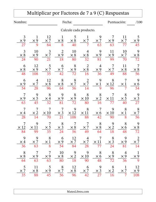 La hoja de ejercicios de Multiplicar (Factores de 1 a 12) por Factores de 7 a 9 (100 Preguntas) (C) Página 2