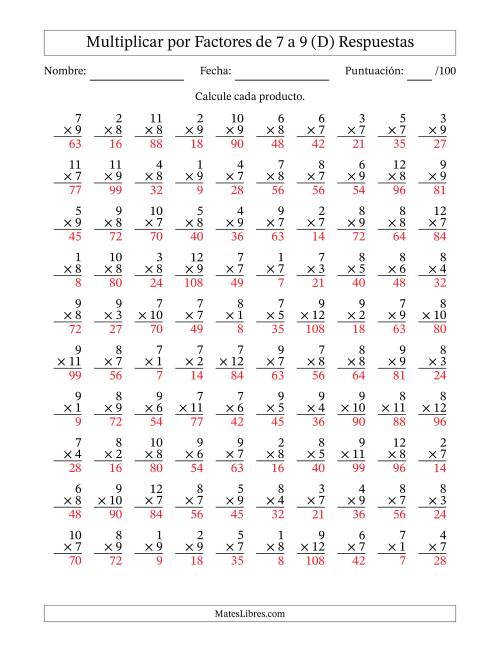 La hoja de ejercicios de Multiplicar (Factores de 1 a 12) por Factores de 7 a 9 (100 Preguntas) (D) Página 2