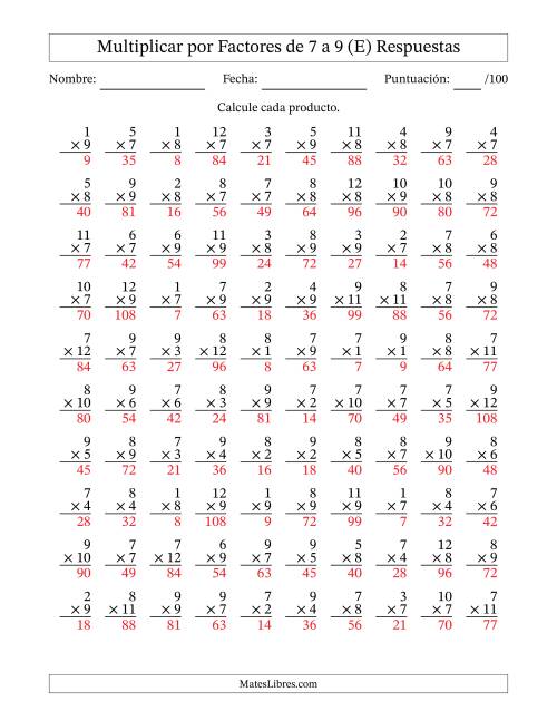 La hoja de ejercicios de Multiplicar (Factores de 1 a 12) por Factores de 7 a 9 (100 Preguntas) (E) Página 2