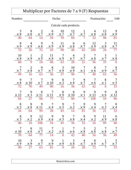 La hoja de ejercicios de Multiplicar (Factores de 1 a 12) por Factores de 7 a 9 (100 Preguntas) (F) Página 2