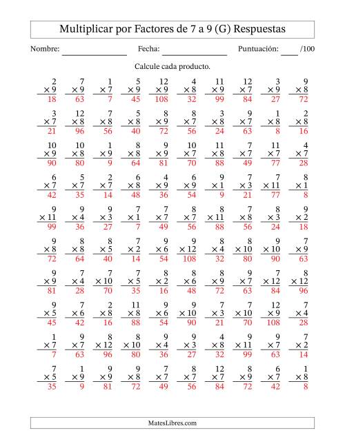 La hoja de ejercicios de Multiplicar (Factores de 1 a 12) por Factores de 7 a 9 (100 Preguntas) (G) Página 2