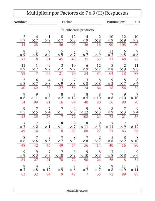 La hoja de ejercicios de Multiplicar (Factores de 1 a 12) por Factores de 7 a 9 (100 Preguntas) (H) Página 2