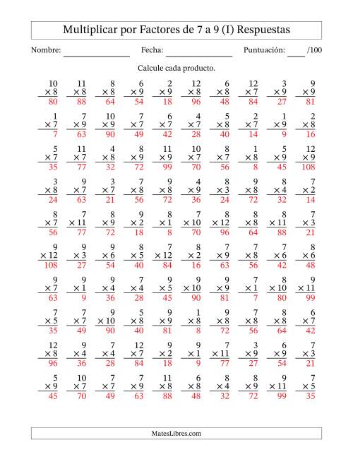 La hoja de ejercicios de Multiplicar (Factores de 1 a 12) por Factores de 7 a 9 (100 Preguntas) (I) Página 2