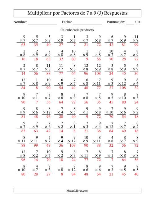 La hoja de ejercicios de Multiplicar (Factores de 1 a 12) por Factores de 7 a 9 (100 Preguntas) (J) Página 2