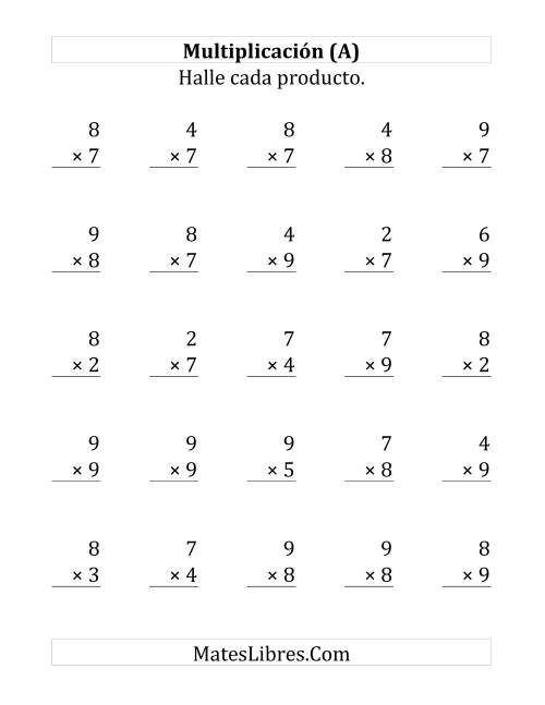 La hoja de ejercicios de Multiplicar con 7, 8 y 9 (rango de 2 a 9) (Grande)