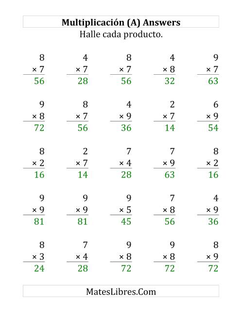 La hoja de ejercicios de Multiplicar con 7, 8 y 9 (rango de 2 a 9) (Grande) Página 2