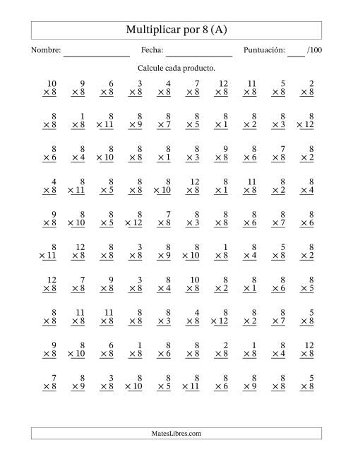 La hoja de ejercicios de Multiplicar (Factores de 1 a 12) por 8 (100 Preguntas) (A)