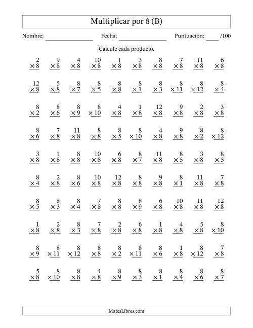 La hoja de ejercicios de Multiplicar (Factores de 1 a 12) por 8 (100 Preguntas) (B)