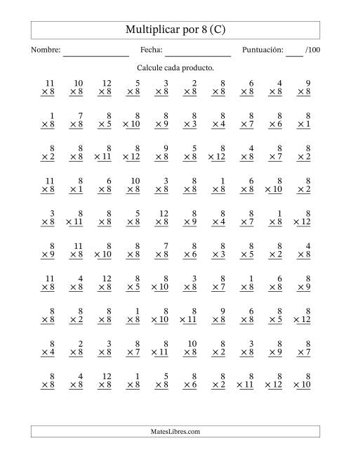 La hoja de ejercicios de Multiplicar (Factores de 1 a 12) por 8 (100 Preguntas) (C)