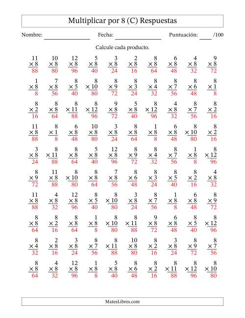 La hoja de ejercicios de Multiplicar (Factores de 1 a 12) por 8 (100 Preguntas) (C) Página 2