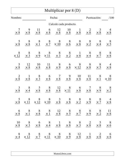 La hoja de ejercicios de Multiplicar (Factores de 1 a 12) por 8 (100 Preguntas) (D)