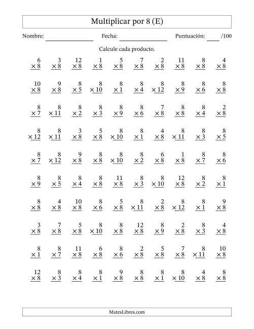 La hoja de ejercicios de Multiplicar (Factores de 1 a 12) por 8 (100 Preguntas) (E)