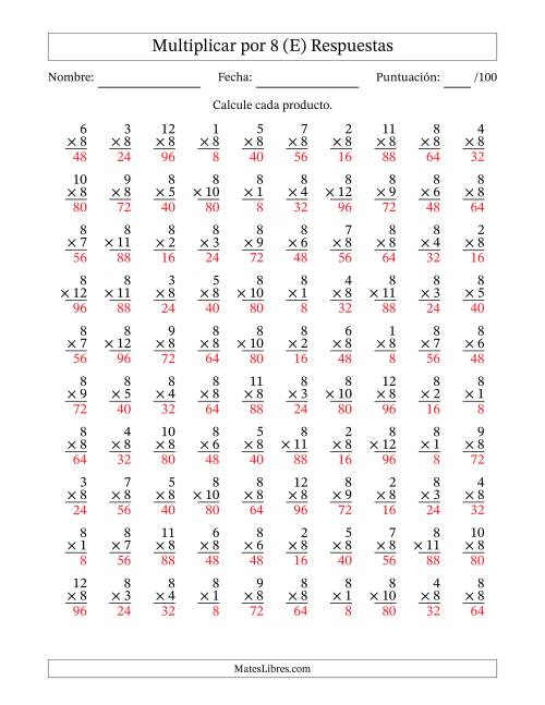 La hoja de ejercicios de Multiplicar (Factores de 1 a 12) por 8 (100 Preguntas) (E) Página 2
