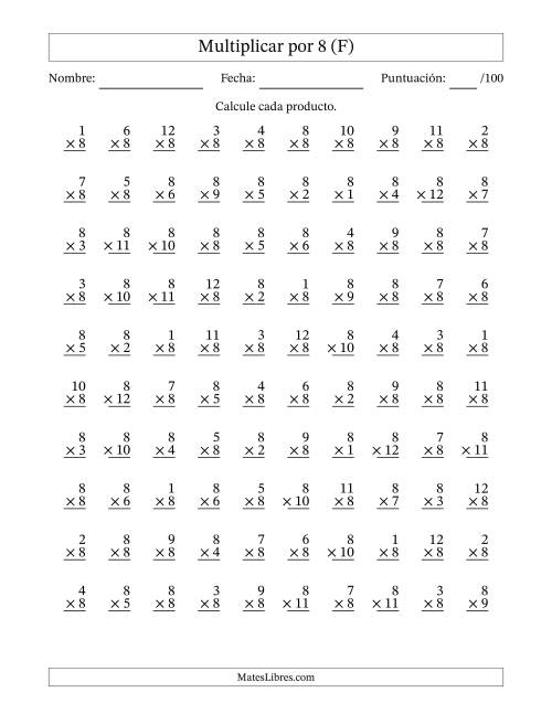 La hoja de ejercicios de Multiplicar (Factores de 1 a 12) por 8 (100 Preguntas) (F)