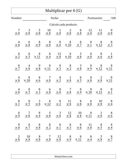 La hoja de ejercicios de Multiplicar (Factores de 1 a 12) por 8 (100 Preguntas) (G)