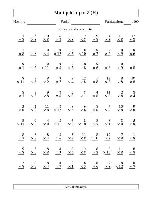 La hoja de ejercicios de Multiplicar (Factores de 1 a 12) por 8 (100 Preguntas) (H)