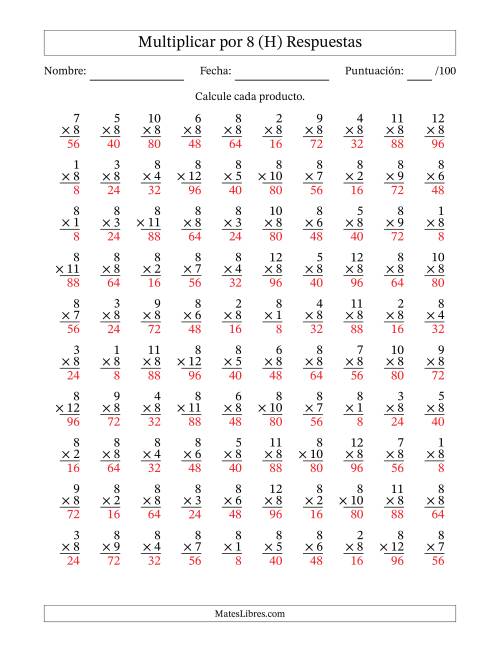La hoja de ejercicios de Multiplicar (Factores de 1 a 12) por 8 (100 Preguntas) (H) Página 2