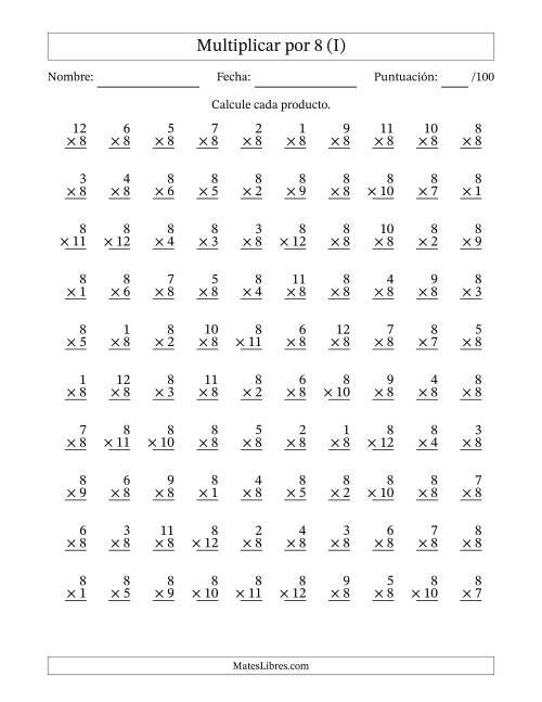 La hoja de ejercicios de Multiplicar (Factores de 1 a 12) por 8 (100 Preguntas) (I)