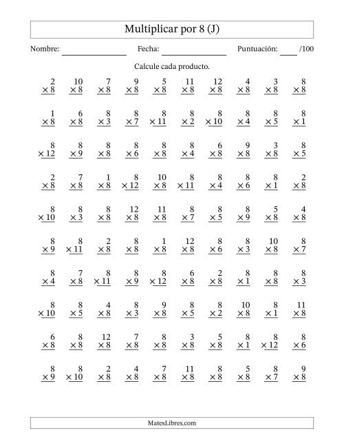 La hoja de ejercicios de Multiplicar (Factores de 1 a 12) por 8 (100 Preguntas) (J)
