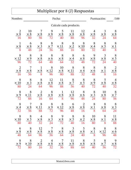 La hoja de ejercicios de Multiplicar (Factores de 1 a 12) por 8 (100 Preguntas) (J) Página 2