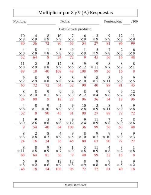 La hoja de ejercicios de Multiplicar (Factores de 1 a 12) por 8 y 9 (100 Preguntas) (A) Página 2