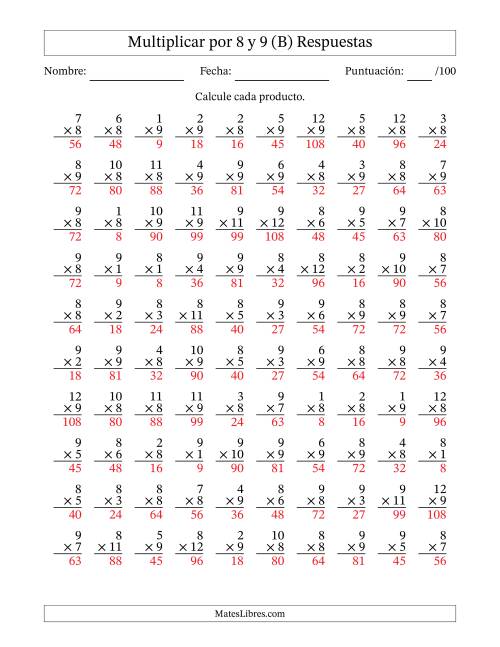 La hoja de ejercicios de Multiplicar (Factores de 1 a 12) por 8 y 9 (100 Preguntas) (B) Página 2