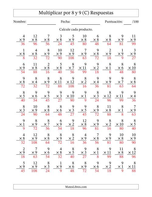 La hoja de ejercicios de Multiplicar (Factores de 1 a 12) por 8 y 9 (100 Preguntas) (C) Página 2