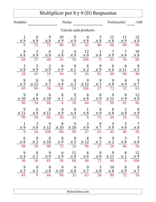 La hoja de ejercicios de Multiplicar (Factores de 1 a 12) por 8 y 9 (100 Preguntas) (D) Página 2