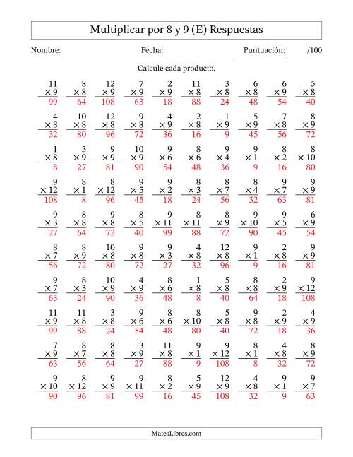La hoja de ejercicios de Multiplicar (Factores de 1 a 12) por 8 y 9 (100 Preguntas) (E) Página 2