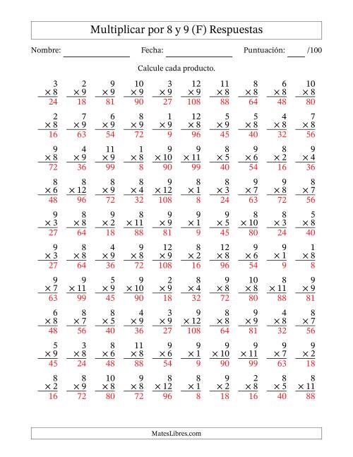 La hoja de ejercicios de Multiplicar (Factores de 1 a 12) por 8 y 9 (100 Preguntas) (F) Página 2