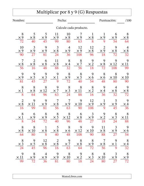 La hoja de ejercicios de Multiplicar (Factores de 1 a 12) por 8 y 9 (100 Preguntas) (G) Página 2