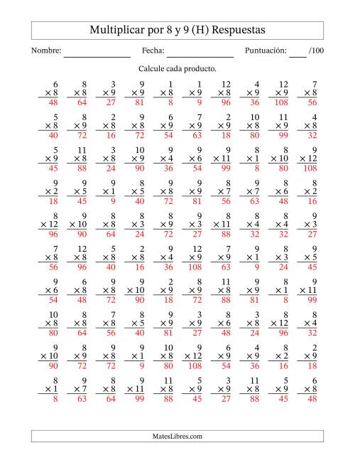La hoja de ejercicios de Multiplicar (Factores de 1 a 12) por 8 y 9 (100 Preguntas) (H) Página 2