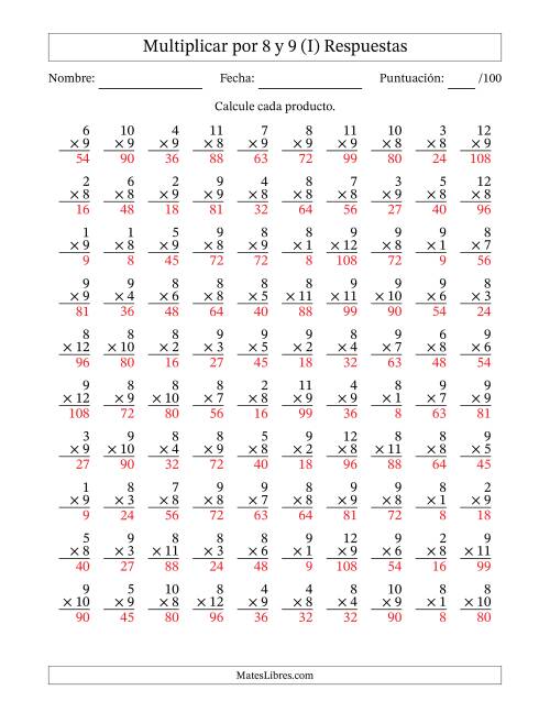 La hoja de ejercicios de Multiplicar (Factores de 1 a 12) por 8 y 9 (100 Preguntas) (I) Página 2