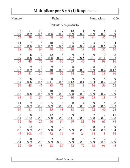 La hoja de ejercicios de Multiplicar (Factores de 1 a 12) por 8 y 9 (100 Preguntas) (J) Página 2