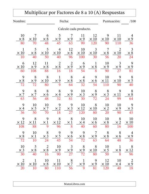 La hoja de ejercicios de Multiplicar (Factores de 1 a 12) por Factores de 8 a 10 (100 Preguntas) (A) Página 2