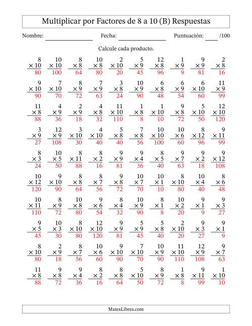 La hoja de ejercicios de Multiplicar (Factores de 1 a 12) por Factores de 8 a 10 (100 Preguntas) (B) Página 2