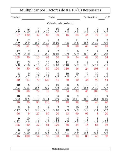 La hoja de ejercicios de Multiplicar (Factores de 1 a 12) por Factores de 8 a 10 (100 Preguntas) (C) Página 2