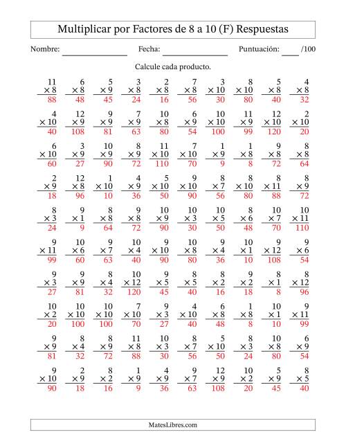 La hoja de ejercicios de Multiplicar (Factores de 1 a 12) por Factores de 8 a 10 (100 Preguntas) (F) Página 2