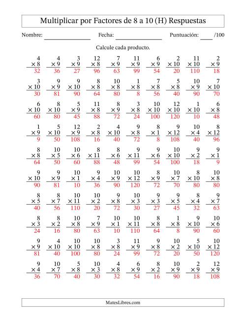 La hoja de ejercicios de Multiplicar (Factores de 1 a 12) por Factores de 8 a 10 (100 Preguntas) (H) Página 2