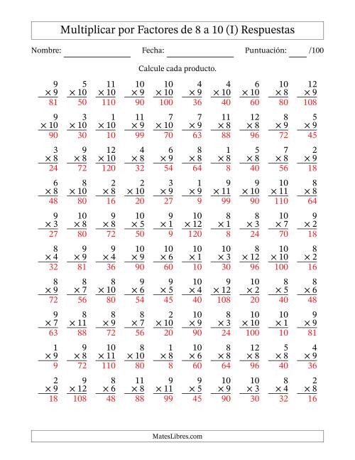 La hoja de ejercicios de Multiplicar (Factores de 1 a 12) por Factores de 8 a 10 (100 Preguntas) (I) Página 2