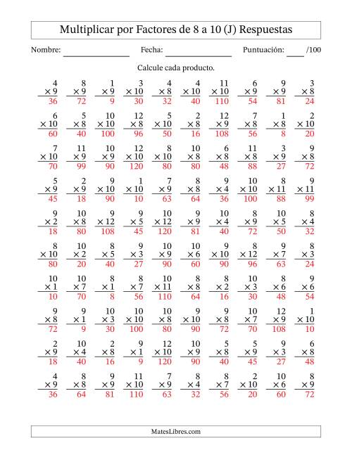 La hoja de ejercicios de Multiplicar (Factores de 1 a 12) por Factores de 8 a 10 (100 Preguntas) (J) Página 2
