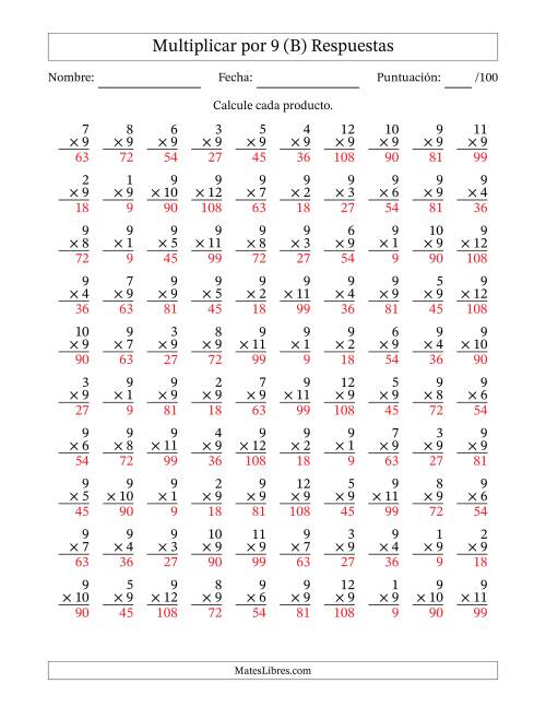 La hoja de ejercicios de Multiplicar (Factores de 1 a 12) por 9 (100 Preguntas) (B) Página 2