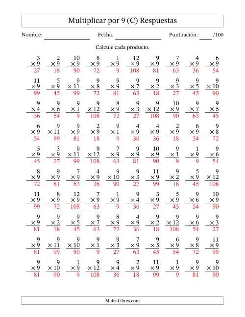La hoja de ejercicios de Multiplicar (Factores de 1 a 12) por 9 (100 Preguntas) (C) Página 2