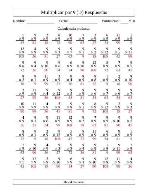 La hoja de ejercicios de Multiplicar (Factores de 1 a 12) por 9 (100 Preguntas) (D) Página 2